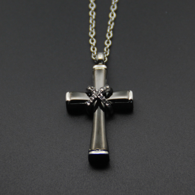Flower Engraved Retro Cross Cremation Ashes Holder Necklace for Funeral Memorial
