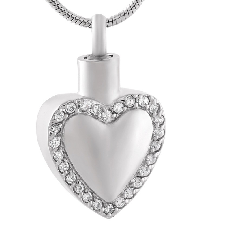 316L Stainless Steel Blank Engravable Heart Cremation Necklace White/Pink Crystal Edge