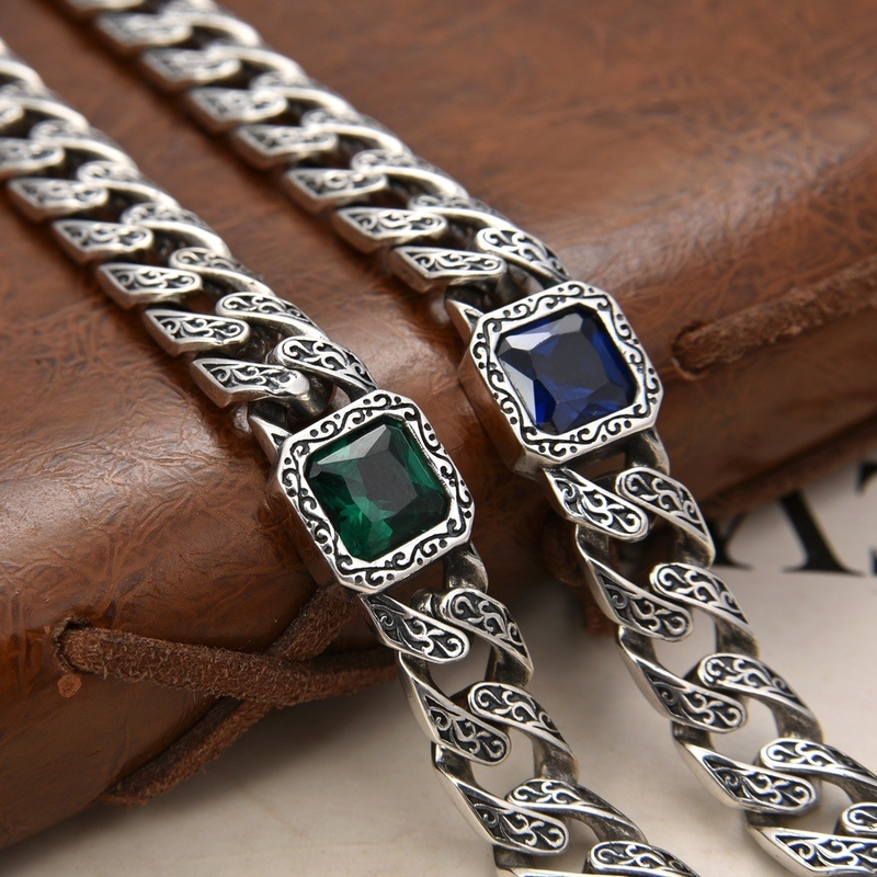 Men's Sophisticated and Refined Blue Zirconium Tang Grass Grain Sterling Silver Cuban
