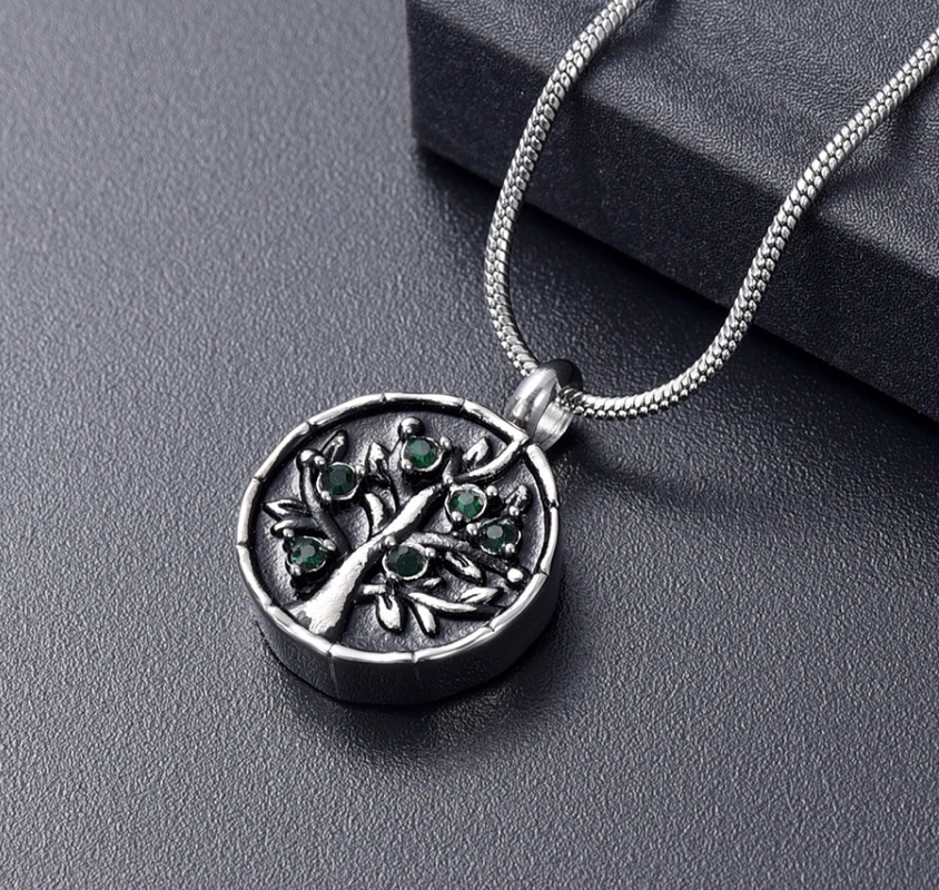 Green Crystal Memorial Necklace Tree of Life Cremation Pendant Keepsake Urn for Ashes