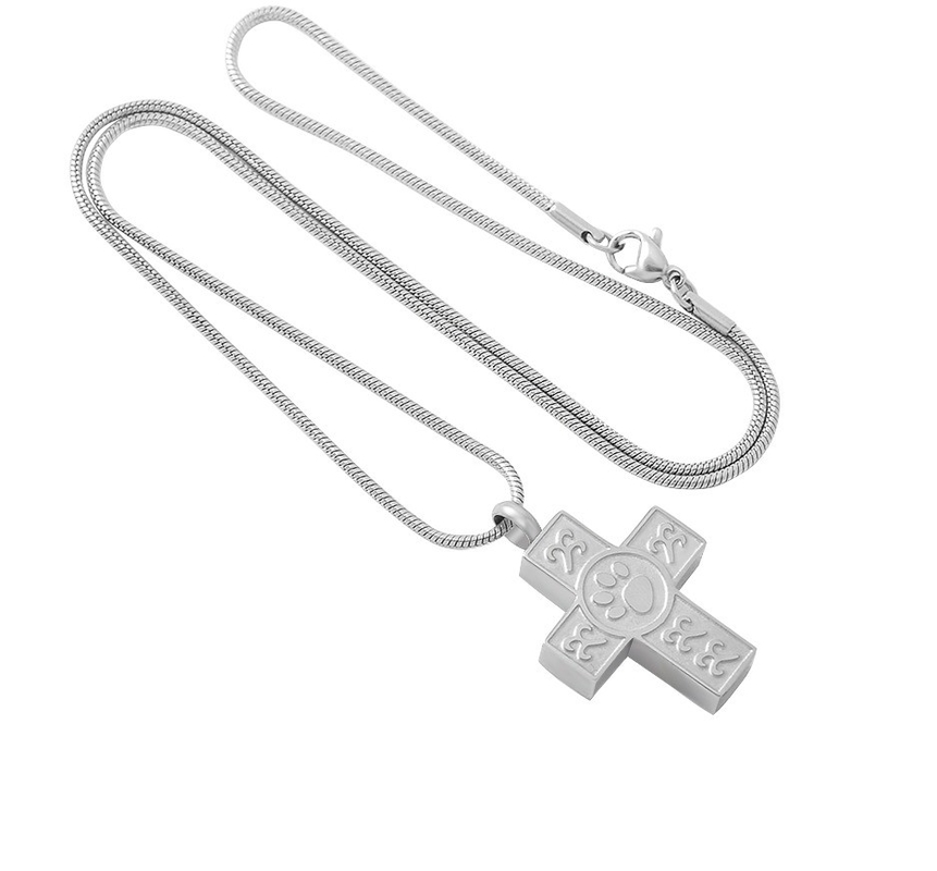Personalized Men's Necklace with Stainless Steel Cross Pendant and Paw Print Engraving